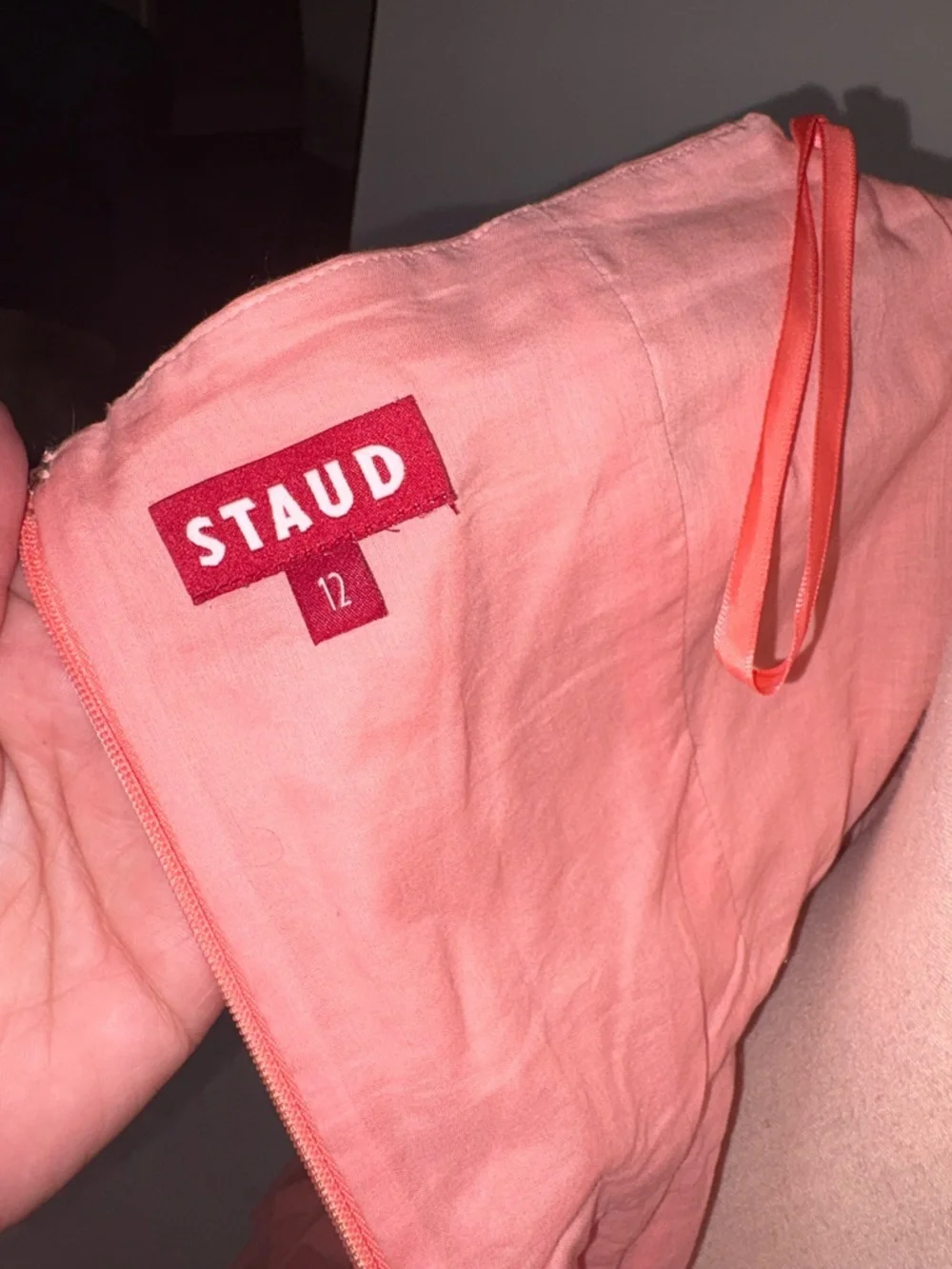 STAUD Elio Off-Shoulder Button Front Mini Dress in Pink Grapefruit Size 12 - Picture 6 of 9